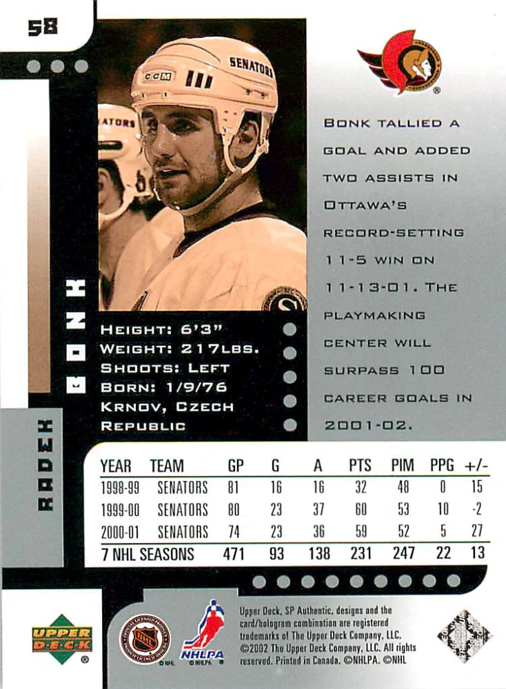 2001-02 UD SP Authentic - Radek Bonk #58