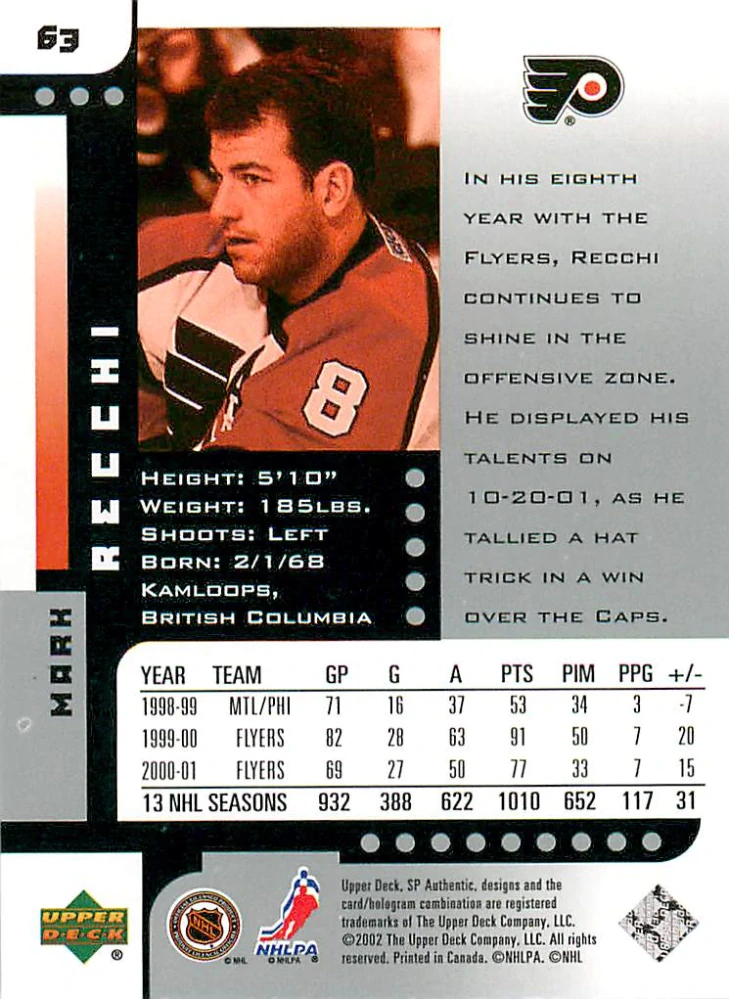 2001-02 UD SP Authentic - Mark Recchi #53