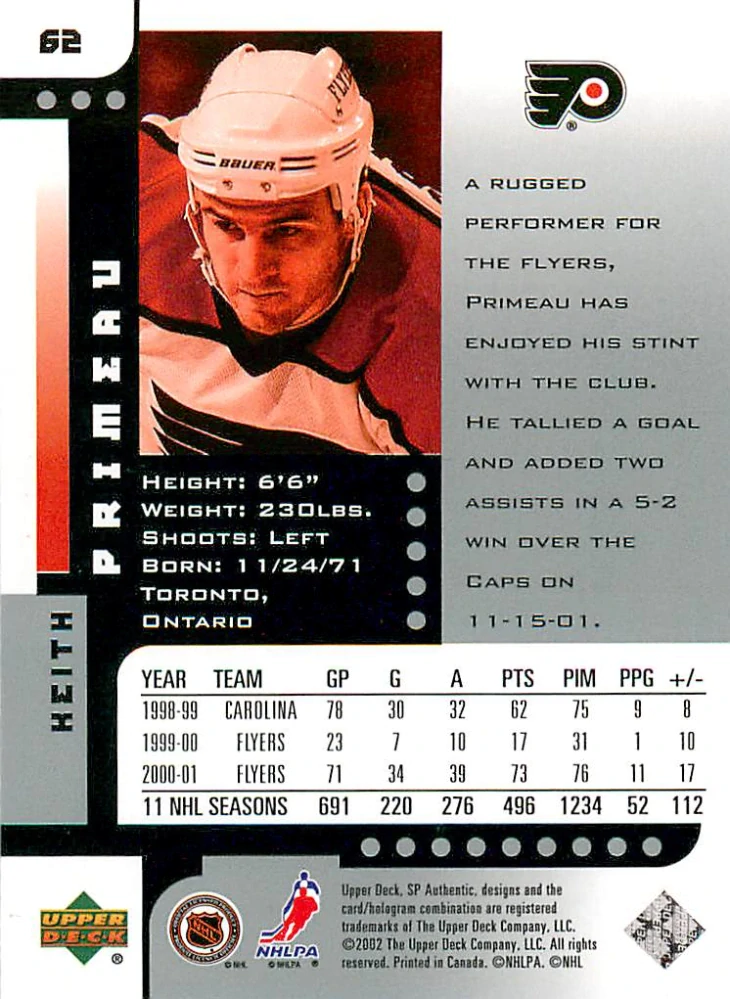 2001-02 UD SP Authentic - Keith Primeau #62