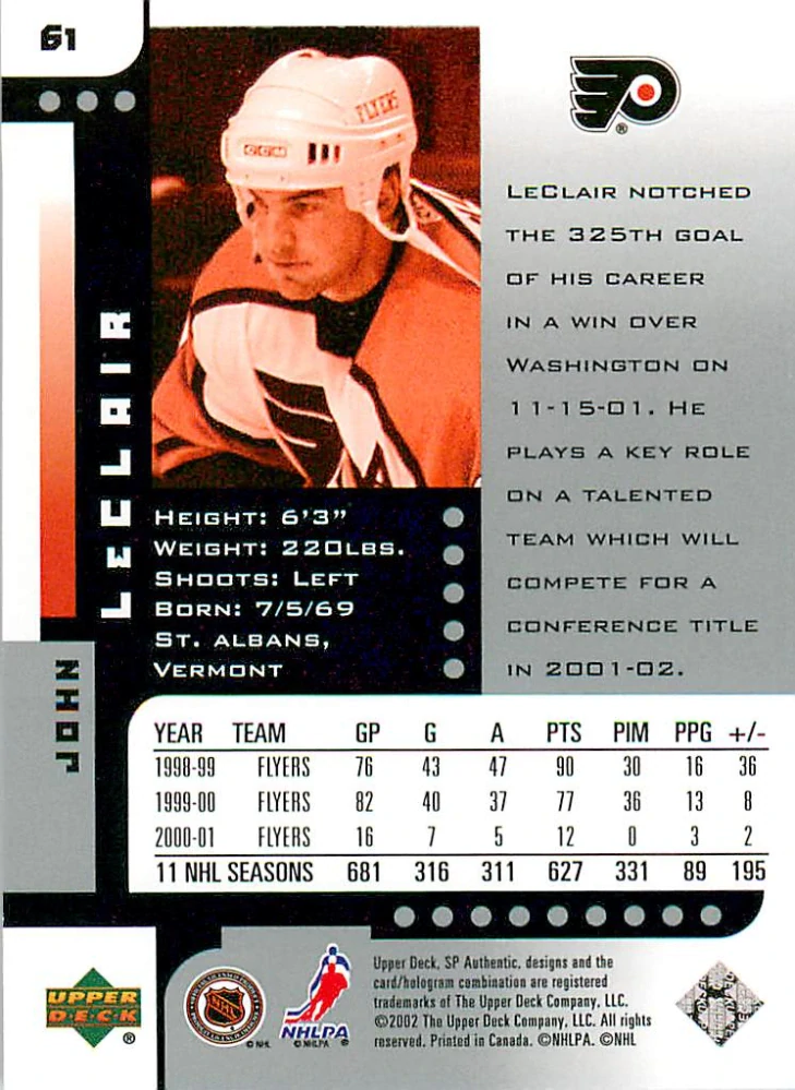 2001-02 UD SP Authentic - John LeClair #61