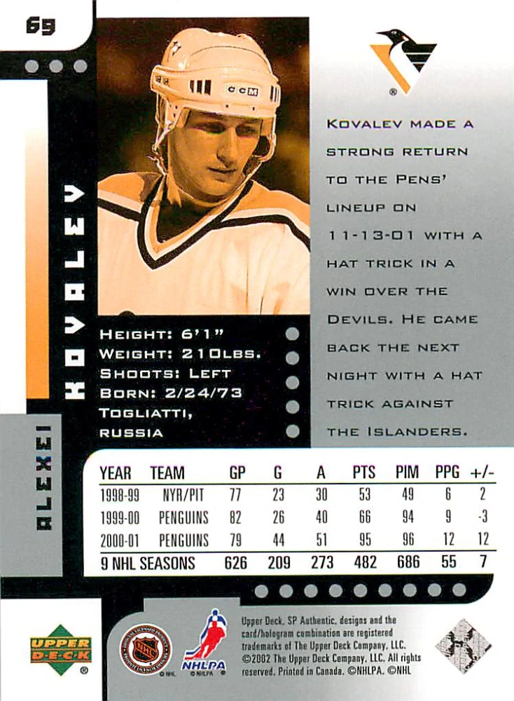 2001-02 UD SP Authentic - Alexei Kovalev #69