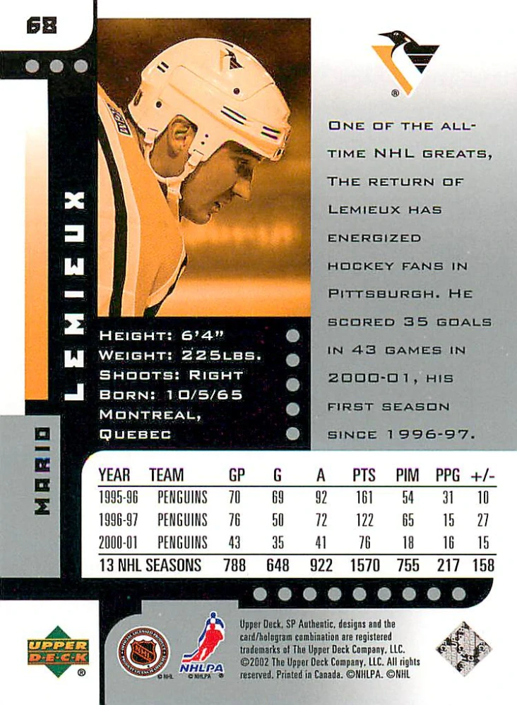 2001-02 UD SP Authentic - Mario Lemieux #68
