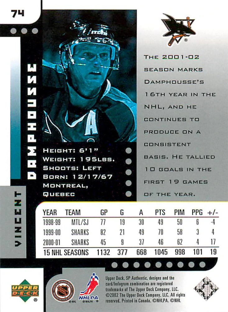 2001-02 UD SP Authentic - Vincent Damphousse #74