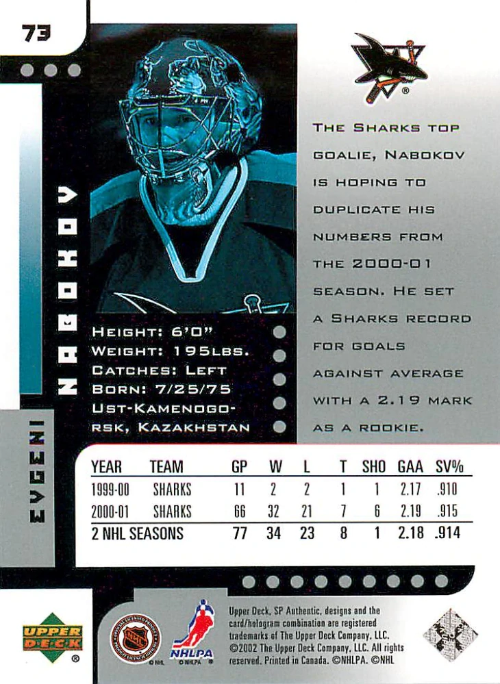 2001-02 UD SP Authentic - Evgeni Nabokov #73