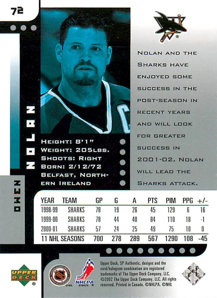 2001-02 UD SP Authentic - Owen Nolan #72