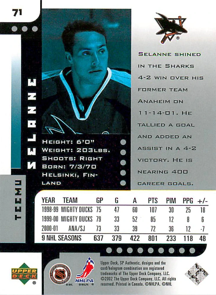 2001-02 UD SP Authentic - Teemu Selanne #71