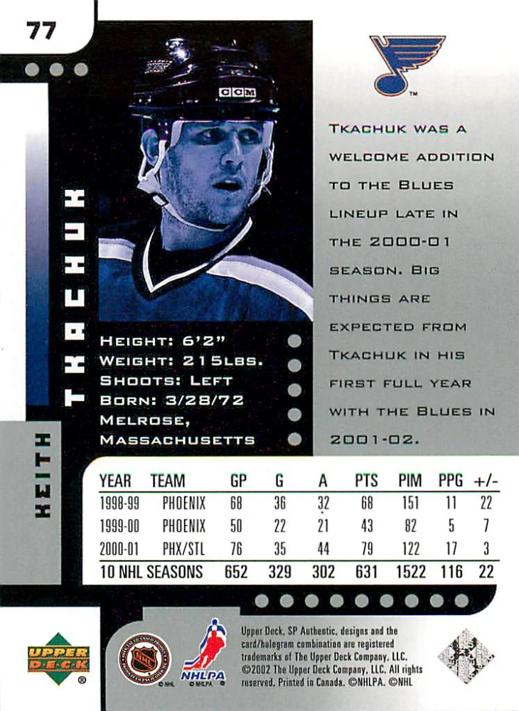 2001-02 UD SP Authentic - Keith Tkachuk #77