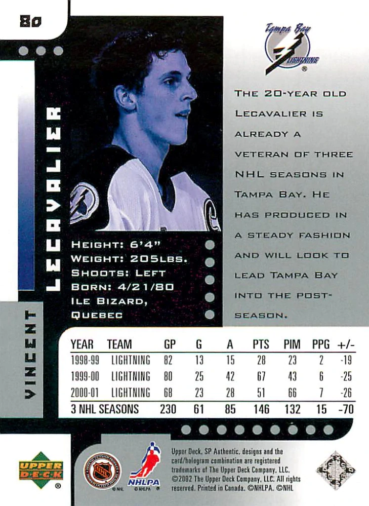 2001-02 UD SP Authentic - Vincent Lecavalier #80