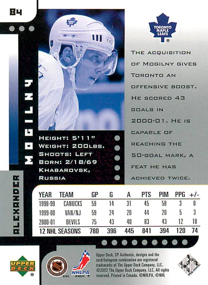 2001-02 UD SP Authentic - Alexander Mogilny #84