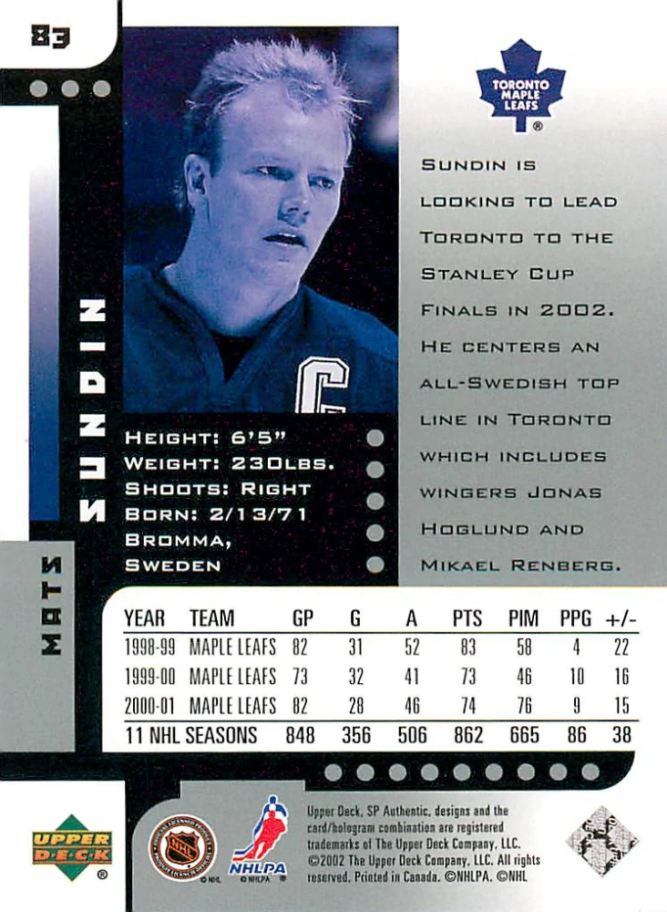 2001-02 UD SP Authentic - Mats Sundin #83