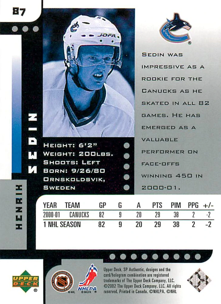 2001-02 UD SP Authentic - Henrik Sedin #87