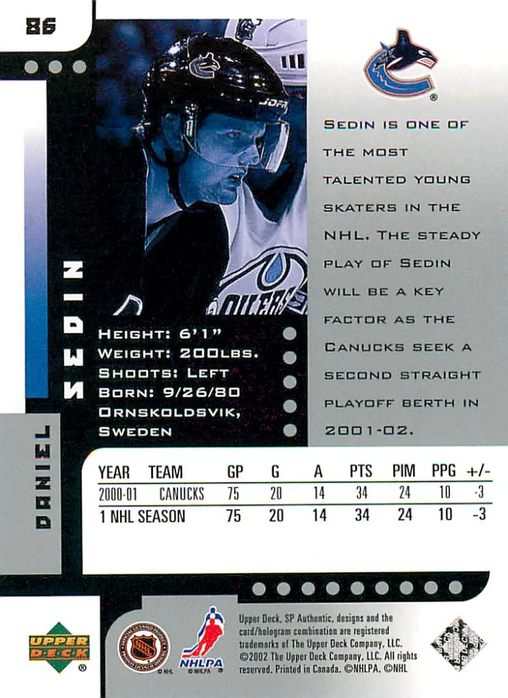 2001-02 UD SP Authentic - Daniel Sedin #86