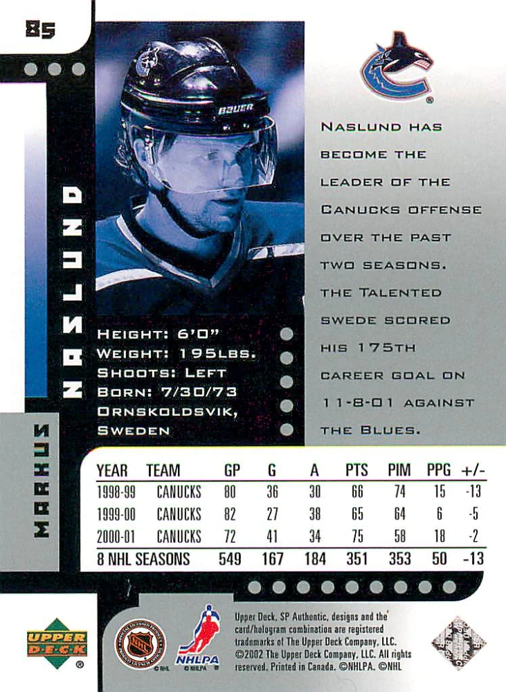 2001-02 UD SP Authentic - Marcus Naslund #85