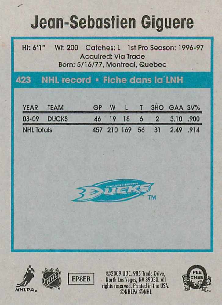 2009-10 UD O-Pee-Chee - Jean-Sebastien Giguere - Retro #423