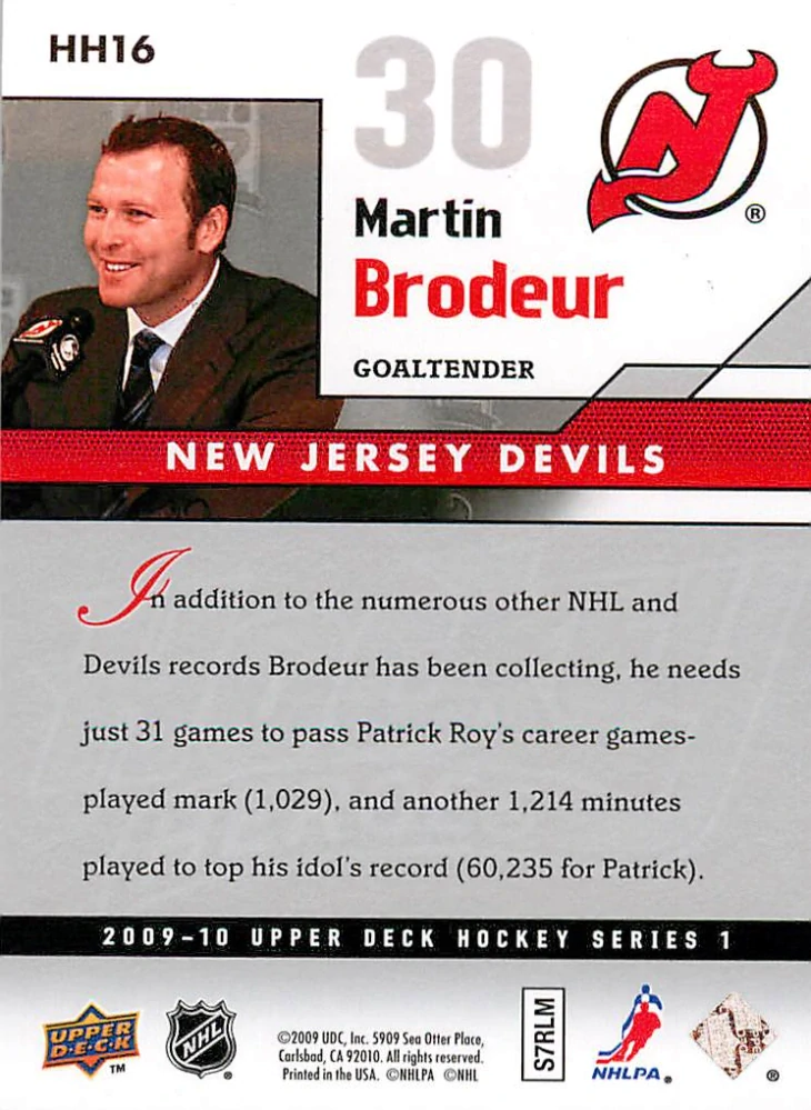 2009-10 UD Series 1 - Martin Brodeur - Hockey Heroes #HH16
