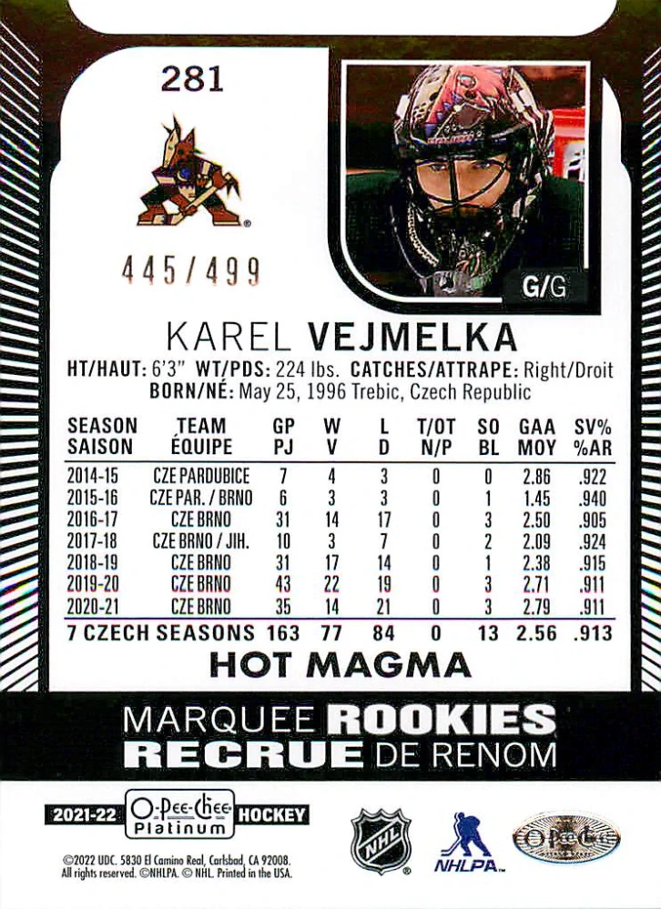 2021-22 UD O-Pee-Chee Platinum - Karel Vejmelka - Marquee Rookies Hot Magma /499 #281