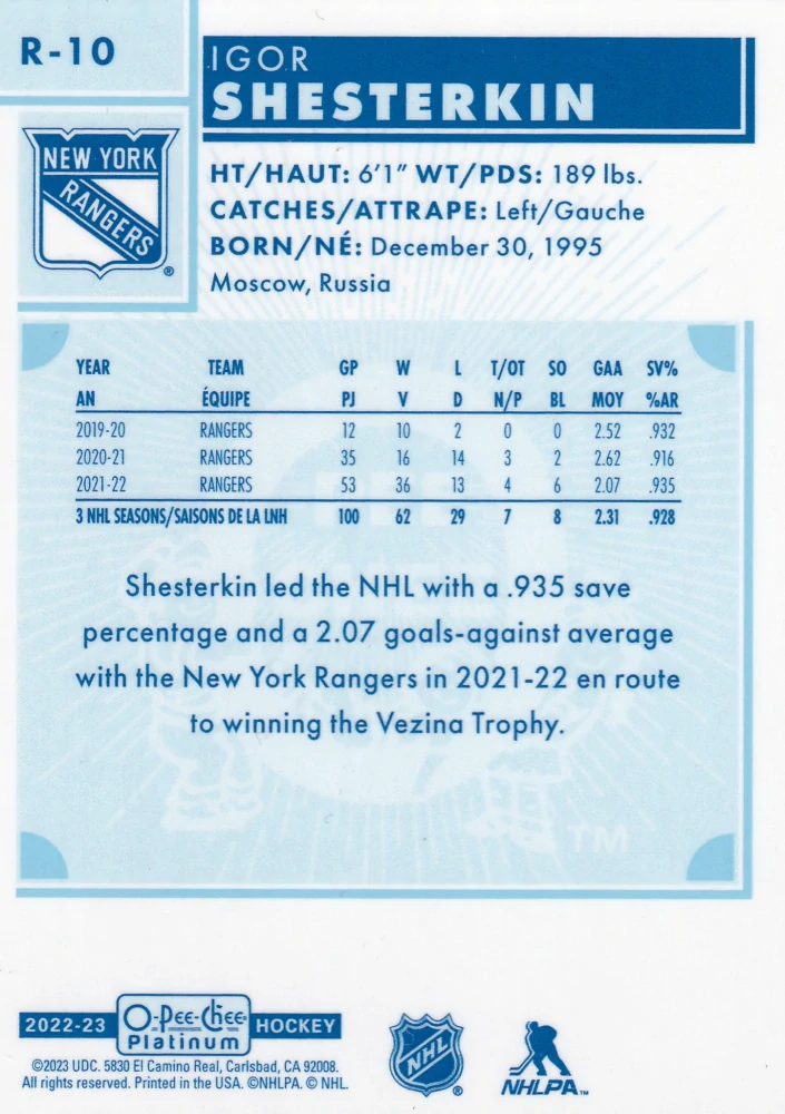 2022-23 UD O-Pee-Chee Platinum - Igor Shesterkin - Retro #R-10