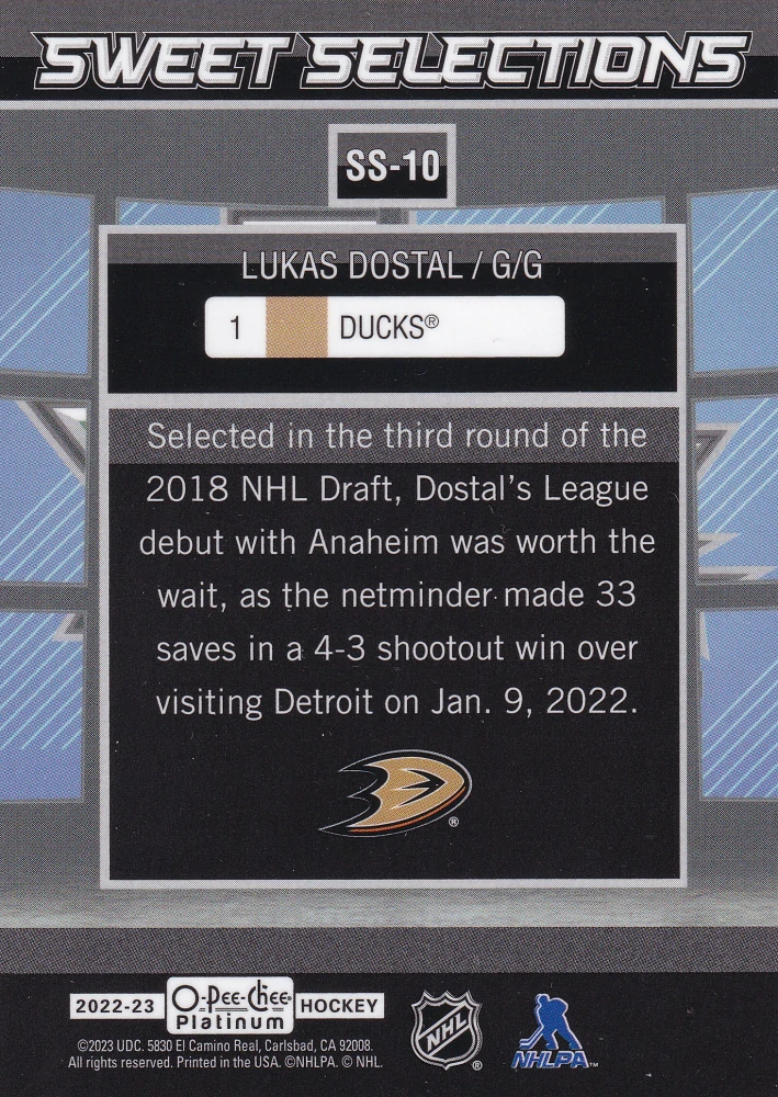 2022-23 UD O-Pee-Chee Platinum - Lukáš Dostál - Sweet Selections #SS-10