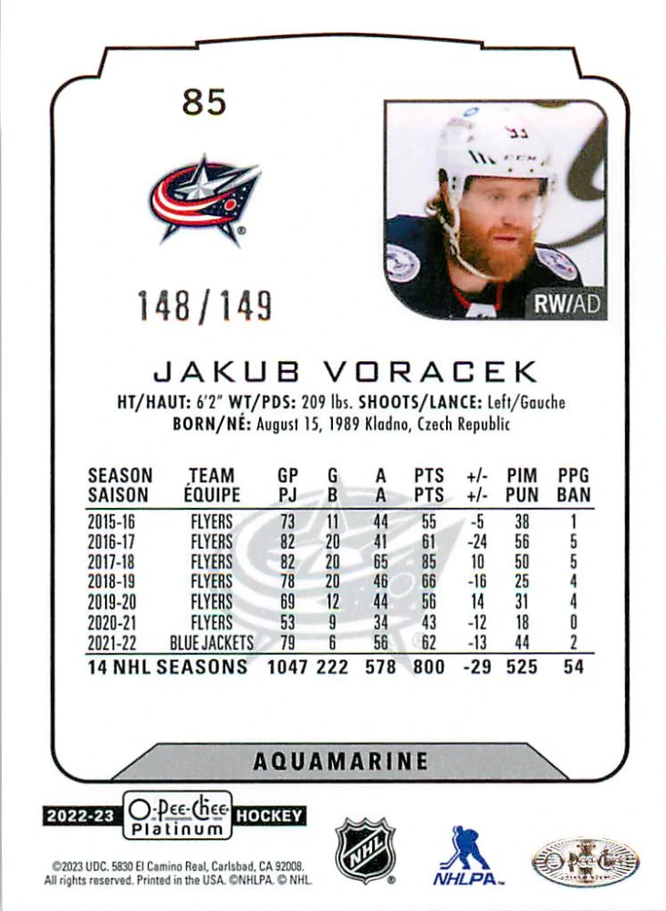 2022-23 UD O-Pee-Chee Platinum - Jakub Voráček - Aquamarine /149 #85