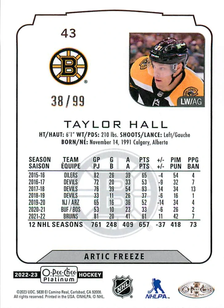 2022-23 UD O-Pee-Chee Platinum - Taylor Hall - Arctic Freeze /99 #43