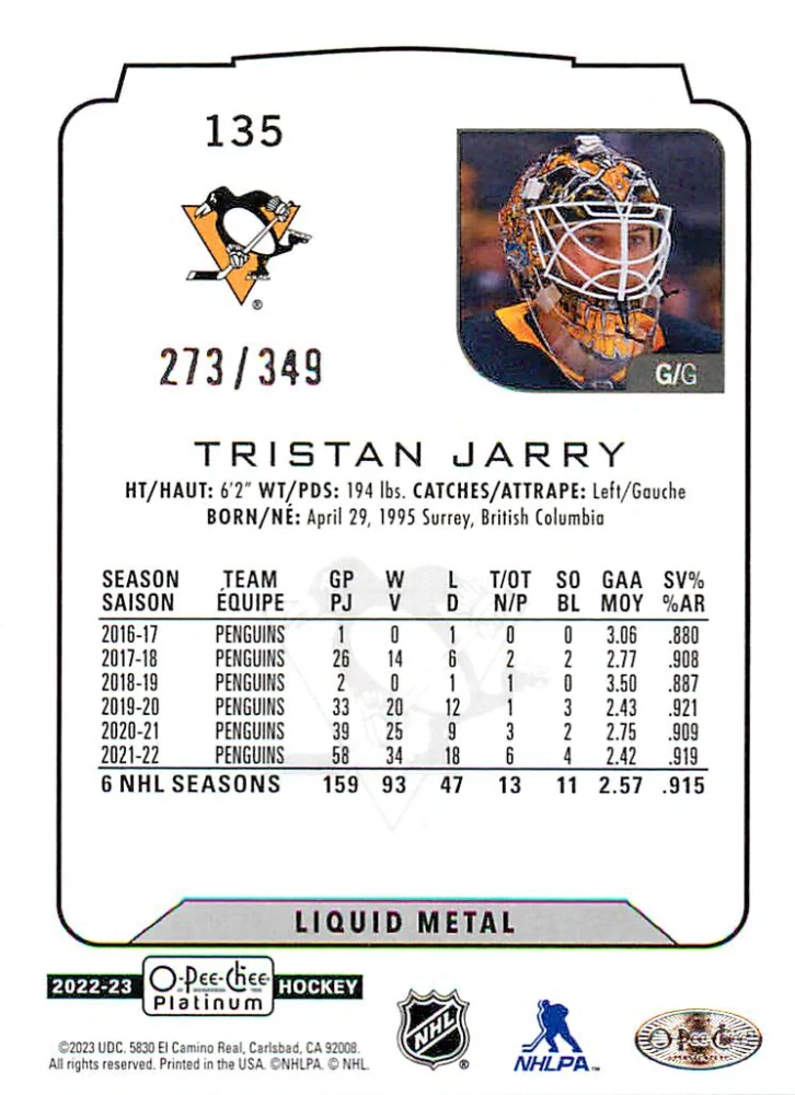 2022-23 UD O-Pee-Chee Platinum - Tristan Jarry - Liquid Metal /349 #135