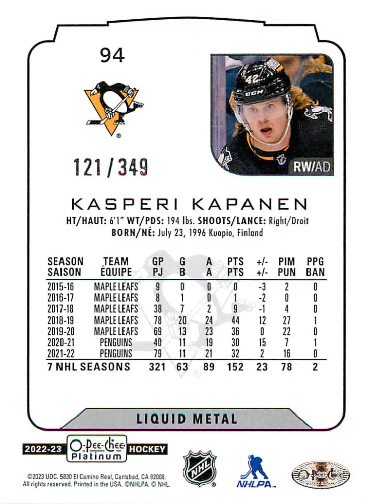 2022-23 UD O-Pee-Chee Platinum - Kasperi Kapanen - Liquid Metal /349 #94
