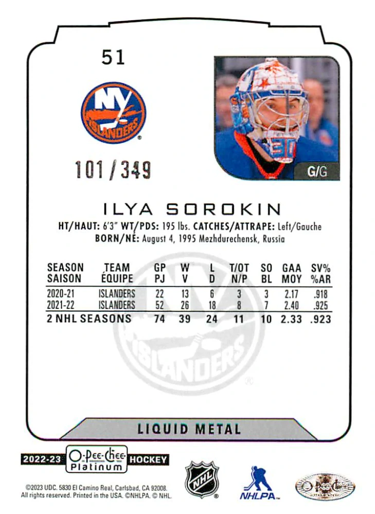 2022-23 UD O-Pee-Chee Platinum - Ilya Sorokin - Liquid Metal /349 #51