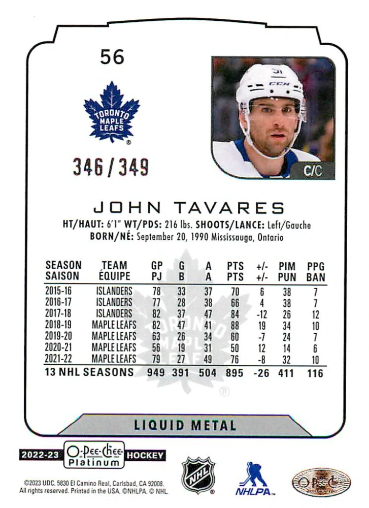 2022-23 UD O-Pee-Chee Platinum - John Tavares - Liquid Metal /349 #56