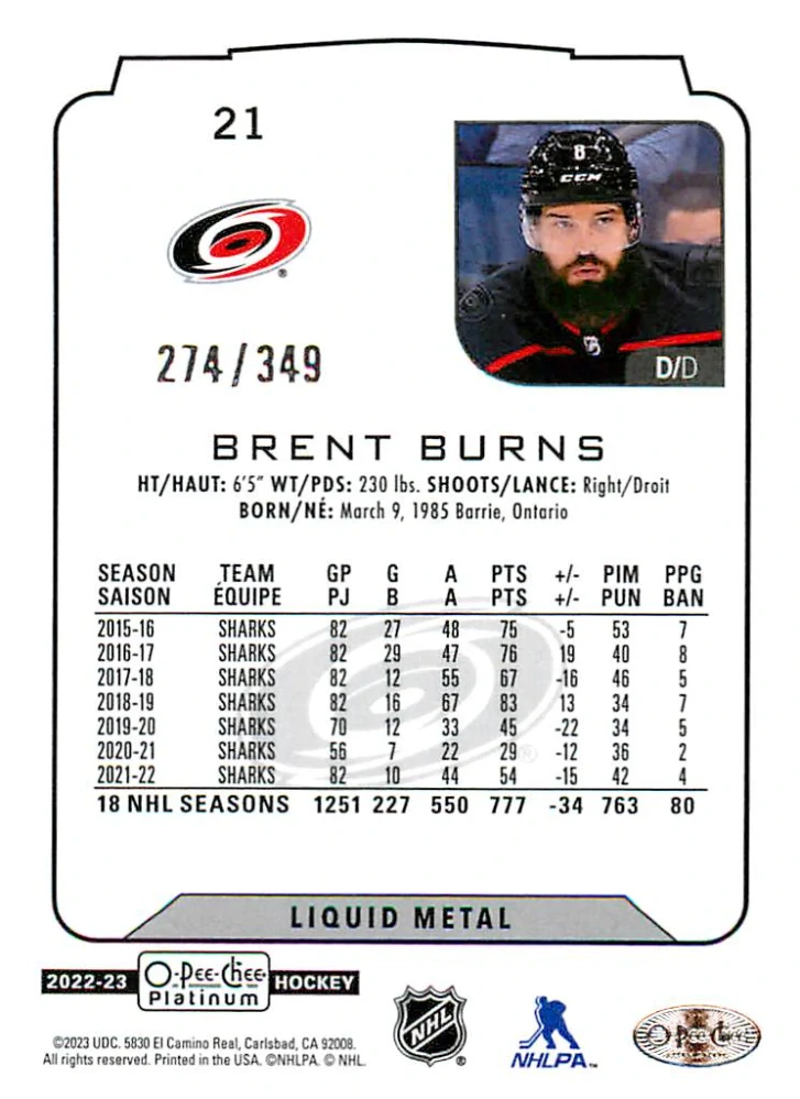 2022-23 UD O-Pee-Chee Platinum - Brent Burns - Liquid Metal /349 #21