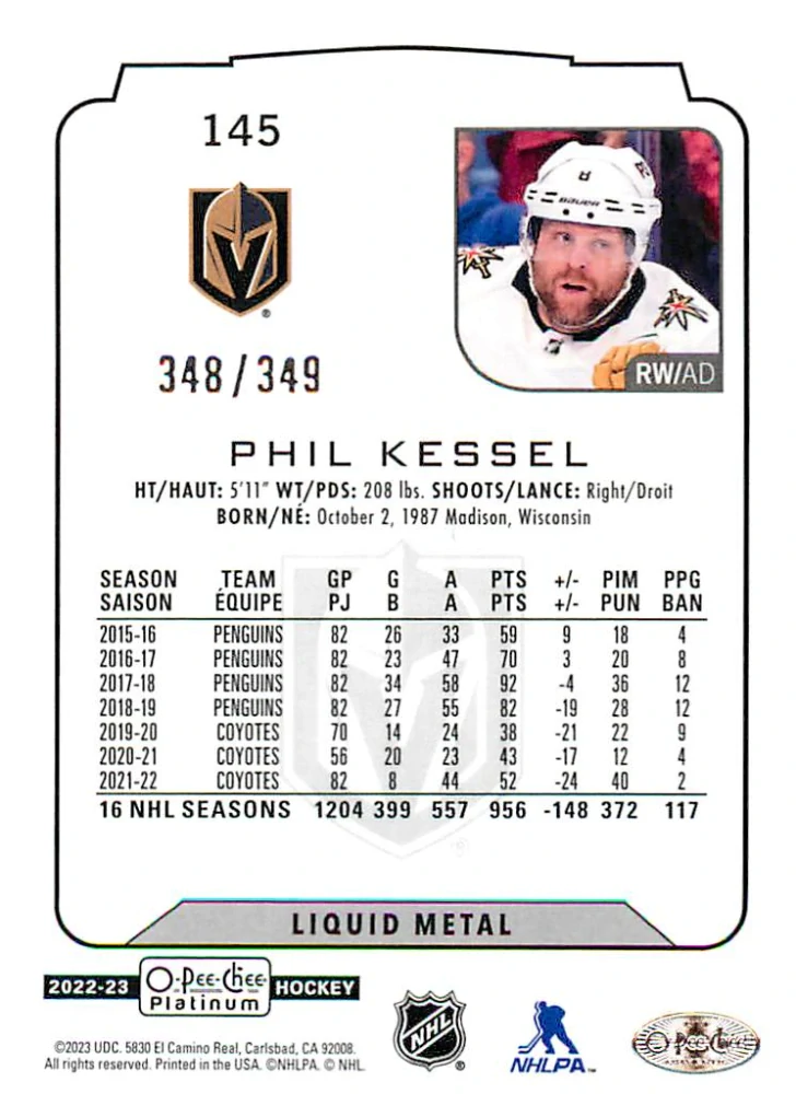 2022-23 UD O-Pee-Chee Platinum - Phil Kessel - Liquid Metal /349 #145