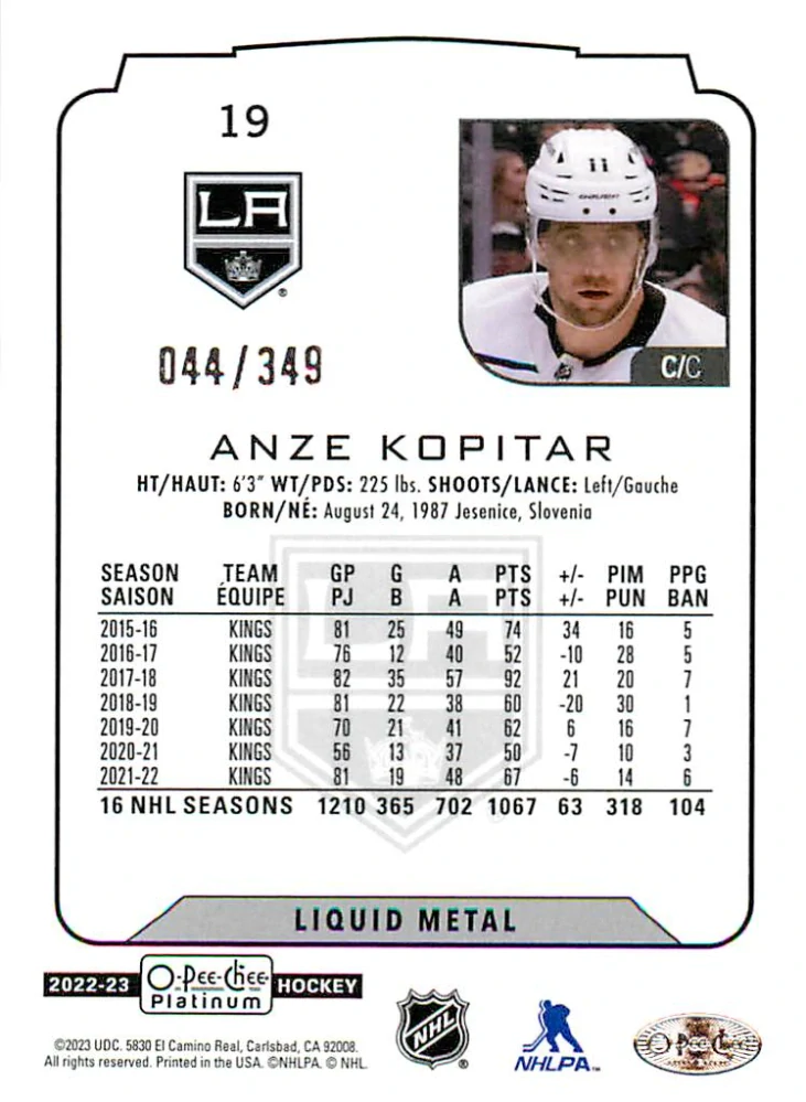 2022-23 UD O-Pee-Chee Platinum - Anze Kopitar - Liquid Metal /349 #19