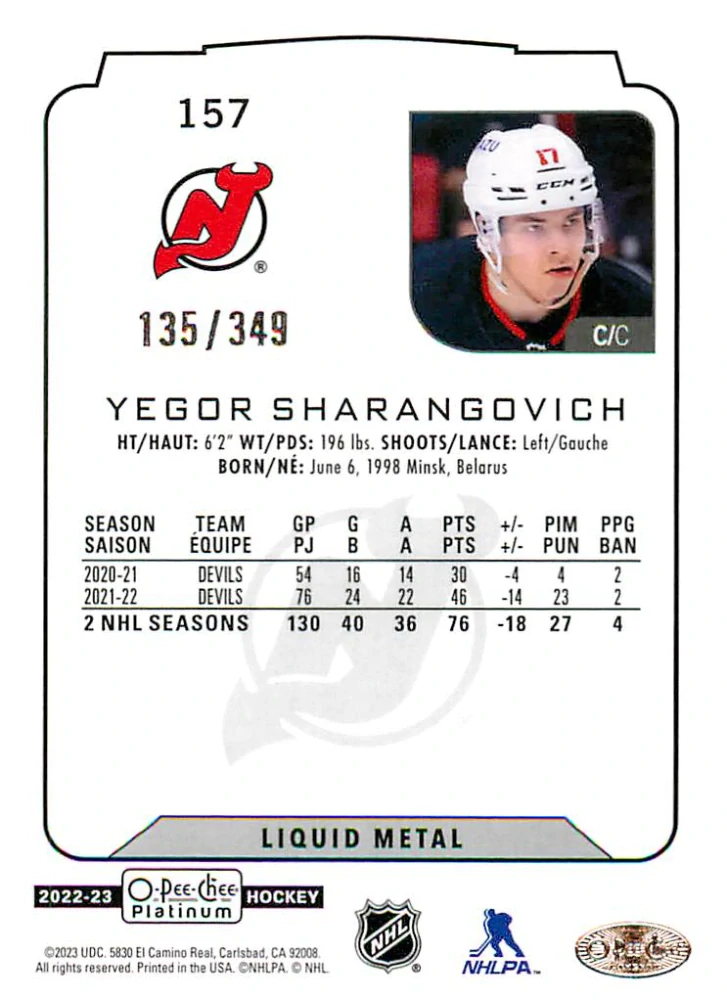 2022-23 UD O-Pee-Chee Platinum - Yegor Sharangovich - Liquid Metal /349 #157