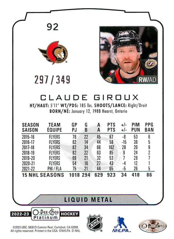 2022-23 UD O-Pee-Chee Platinum - Claude Giroux - Liquid Metal /349 #92
