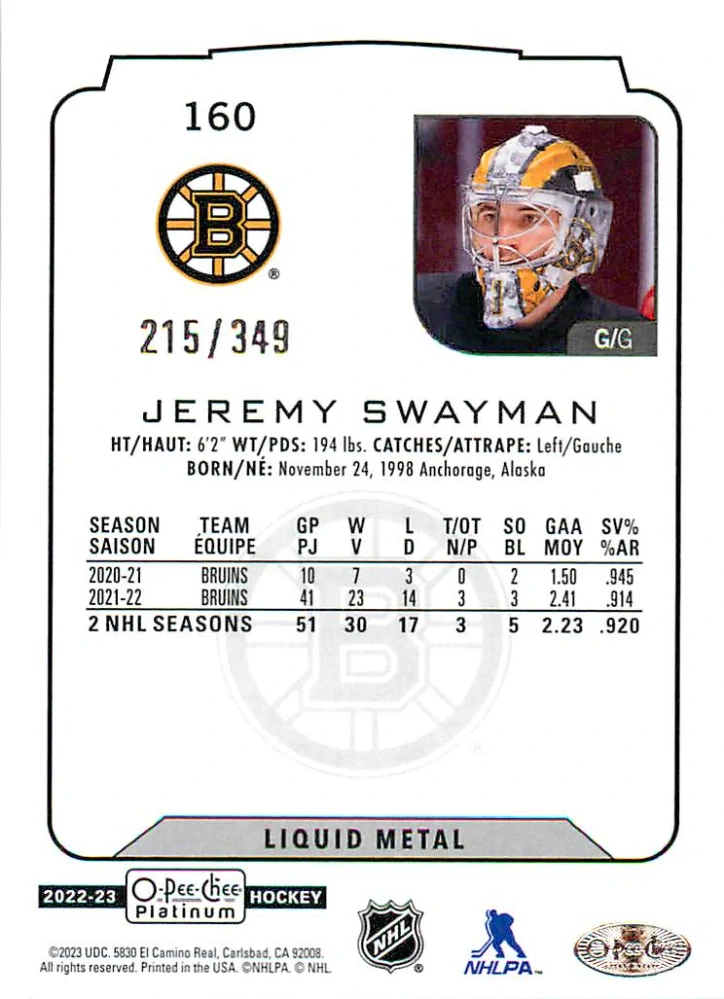 2022-23 UD O-Pee-Chee Platinum - Jeremy Swayman - Liquid Metal /349 #160