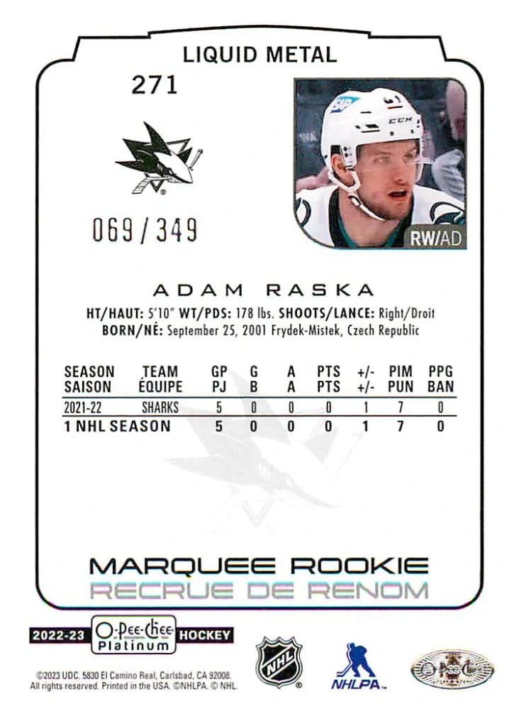 2022-23 UD O-Pee-Chee Platinum - Adam Raška - Marquee Rookie Liquid Metal /349 #271