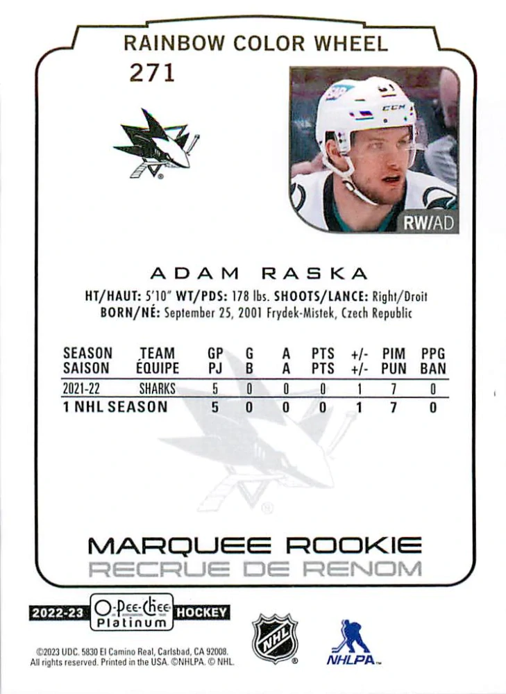 2022-23 UD O-Pee-Chee Platinum - Adam Raška - Marquee Rookie Rainbow Color Wheel #271