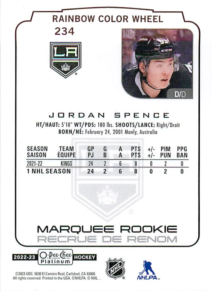 2022-23 UD O-Pee-Chee Platinum - Jordan Spence - Marquee Rookie Rainbow Color Wheel #234