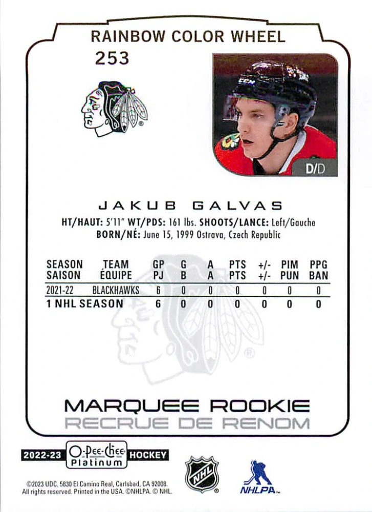 2022-23 UD O-Pee-Chee Platinum - Jakub Galvas - Marquee Rookie Rainbow Color Wheel #253