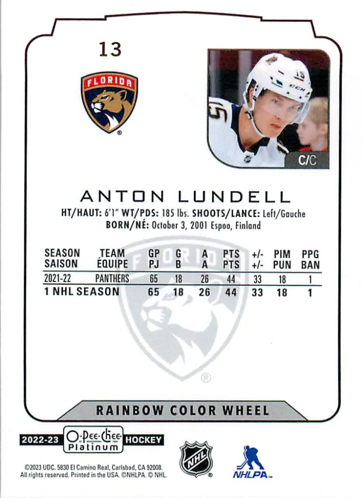 2022-23 UD O-Pee-Chee Platinum - Anton Lundell - Rainbow Color Wheel #13