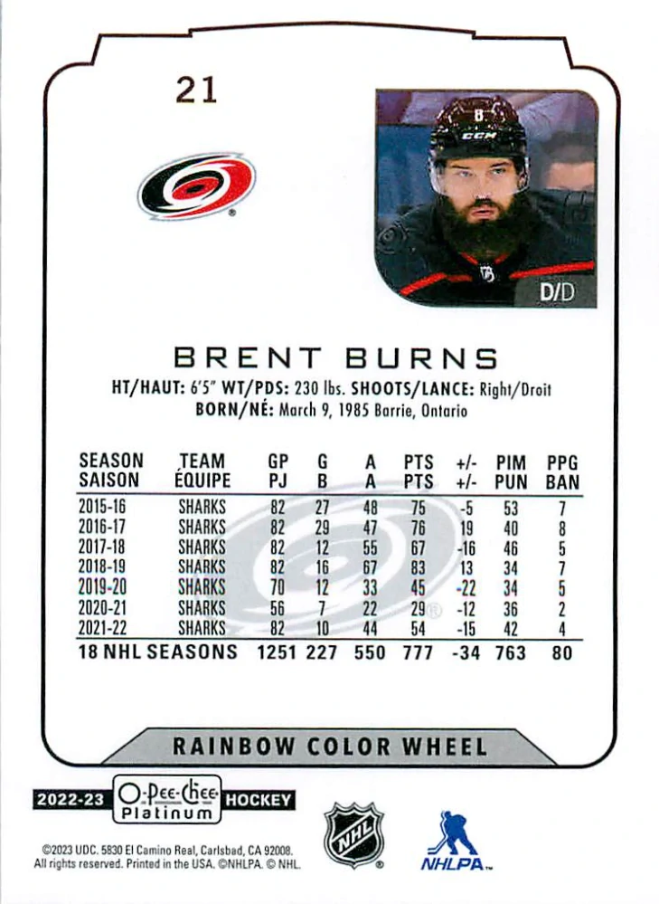 2022-23 UD O-Pee-Chee Platinum - Brent Burns - Rainbow Color Wheel #21
