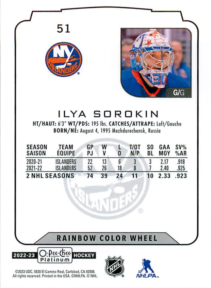 2022-23 UD O-Pee-Chee Platinum - Ilya Sorokin - Rainbow Color Wheel #51