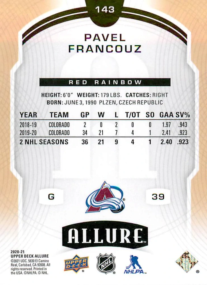 2020-21 UD Allure - Pavel Francouz - Rookie Red Rainbow #143