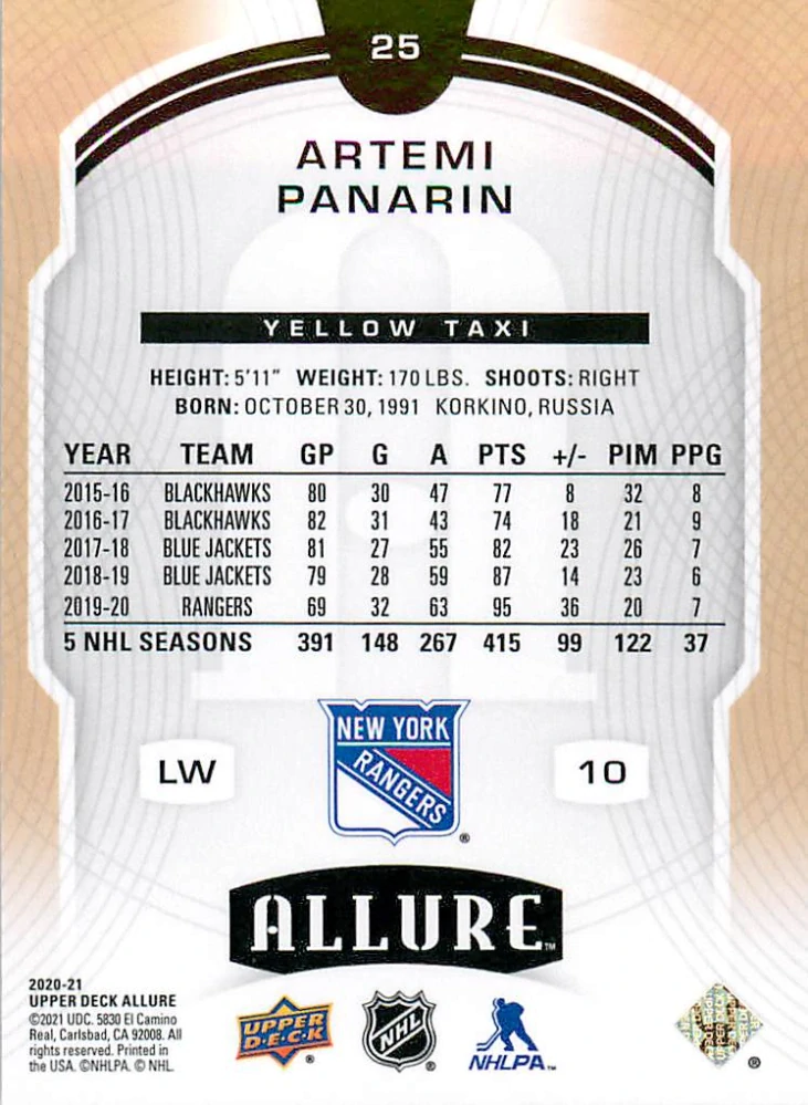 2020-21 UD Allure - Artemi Panarin - Yellow Taxi #25