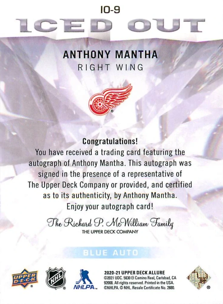 2020-21 UD Allure - Anthony Mantha - Iced Out Blue Autographs #IO-9