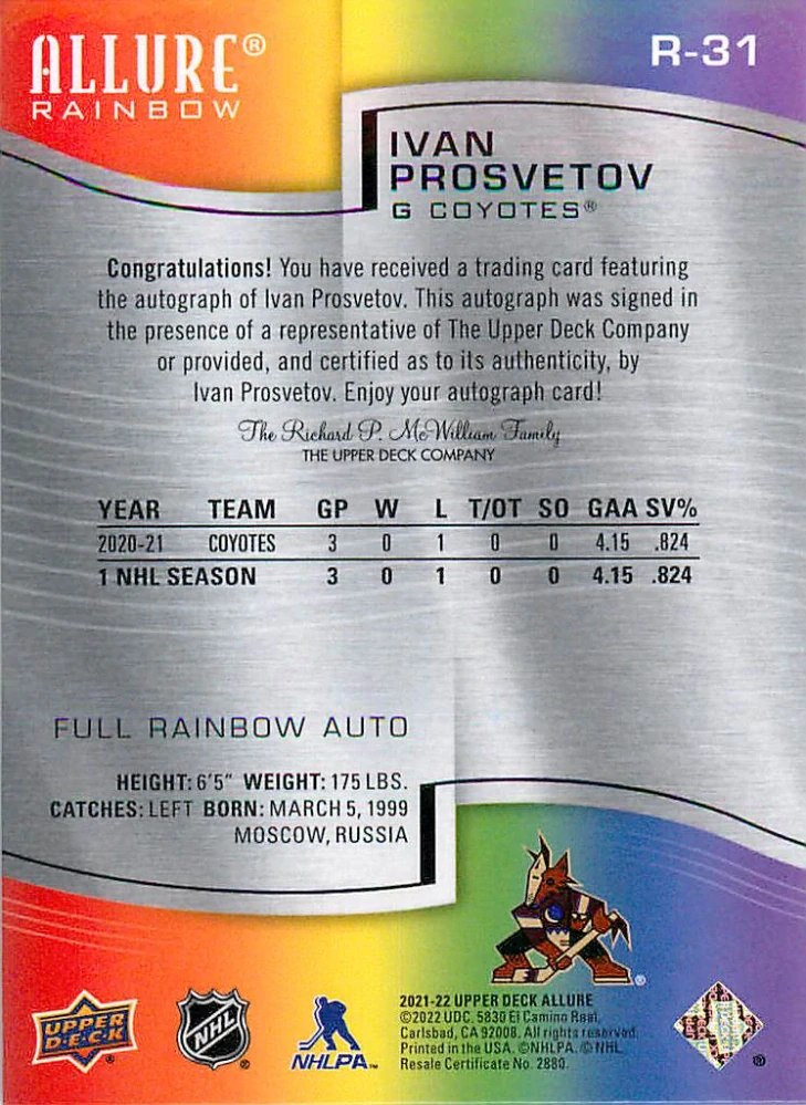 2021-22 UD Allure - Ivan Prosvetov - Full Rainbow Autographs #R-31