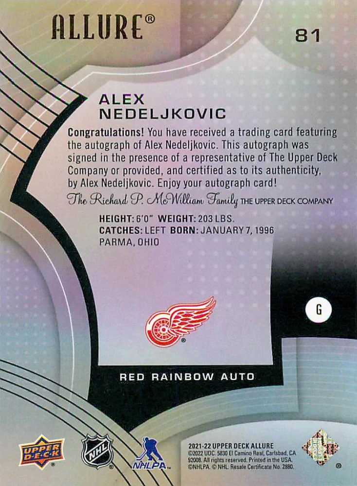 2021-22 UD Allure - Alex Nedeljkovic - Red Rainbow Autographs #81