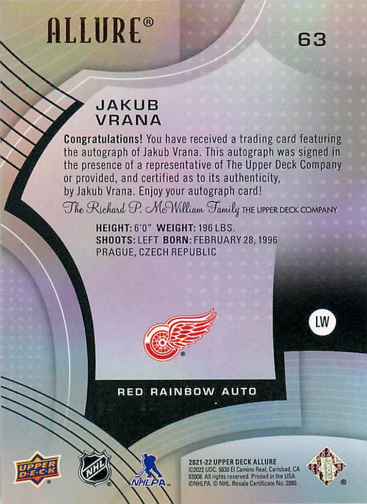2021-22 UD Allure - Jakub Vrána - Red Rainbow Autographs #63