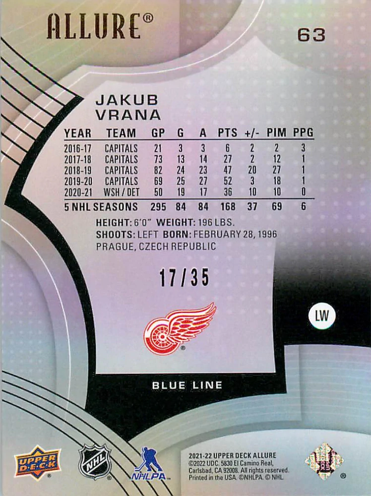 2021-22 UD Allure - Jakub Vrána - Blue Line /35 #63