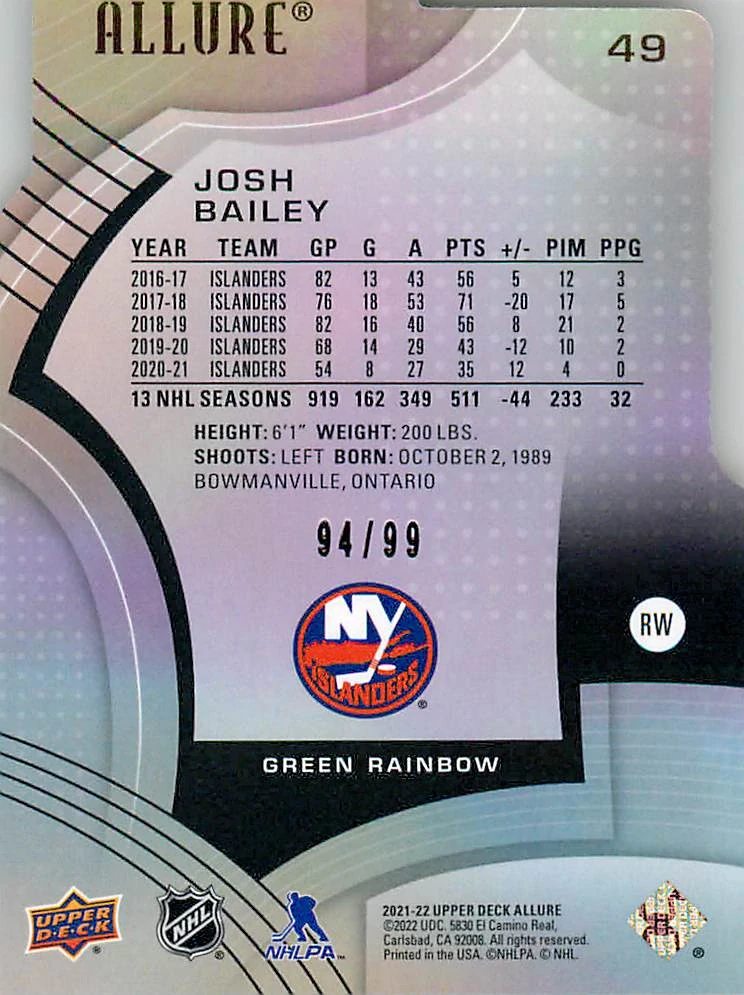 2021-22 UD Allure - Josh Bailey - Green Rainbow Die-Cut /99 #49