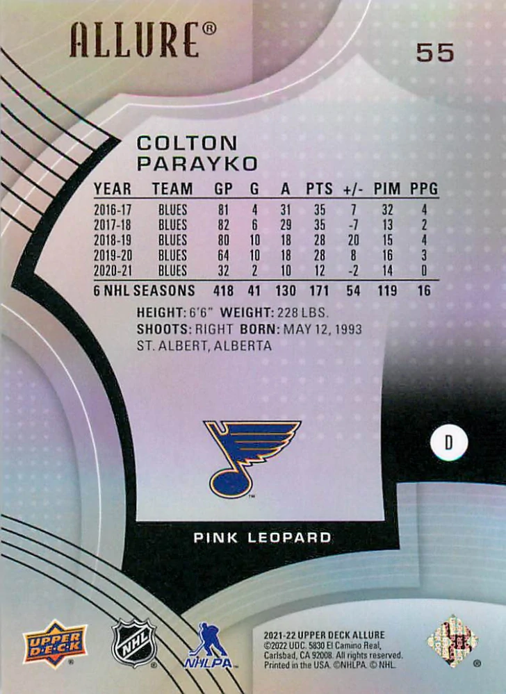 2021-22 UD Allure - Colton Parayko - Pink Leopard #55